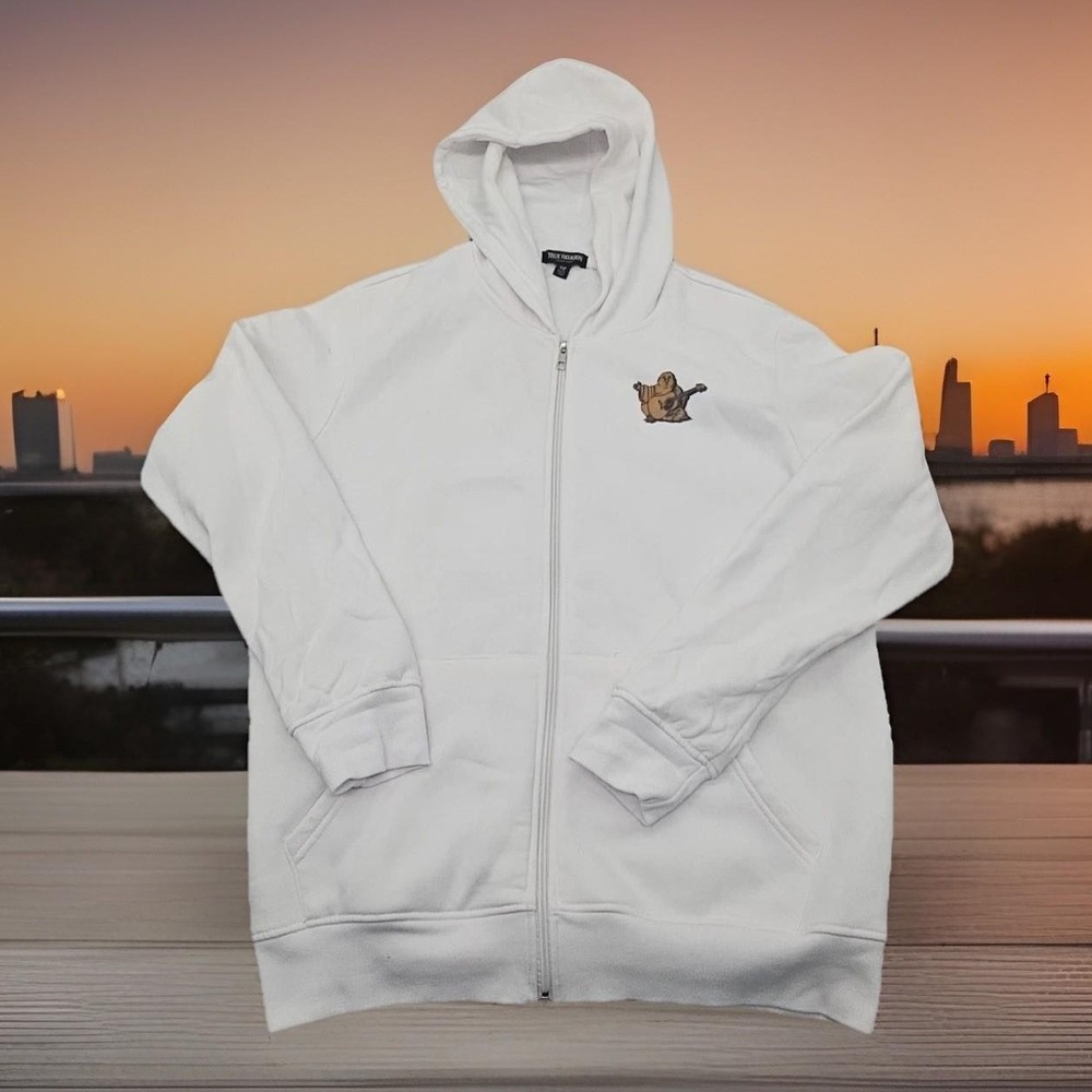 True Religion Hoodie Mens Large White Full Zip Sweatshirt Buddha Logo Streetwear - Picture 2 of 10